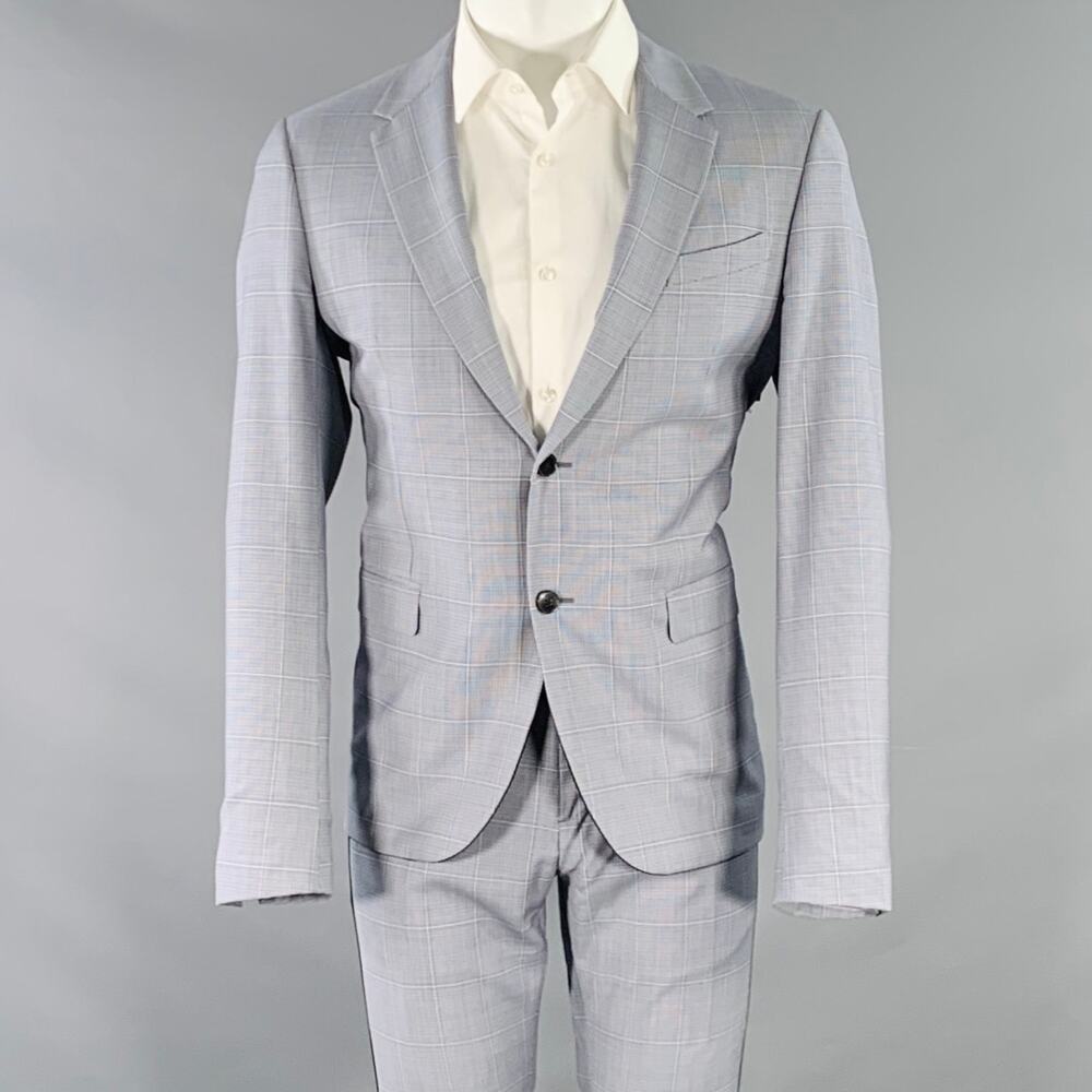 VALENTINO Size 38 Blue Grey Plaid Wool Notch Lapel Suit